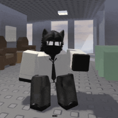 a black cat wearing a white shirt and tie is standing in a room
