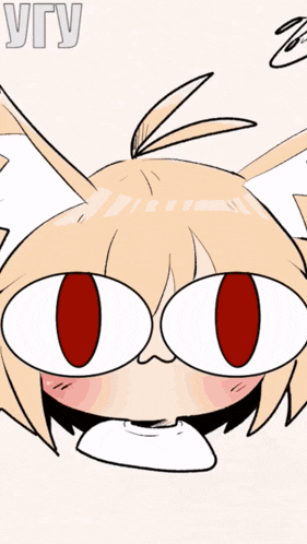 a cartoon drawing of a girl with big red eyes and the words " yyy xpomo " on the bottom