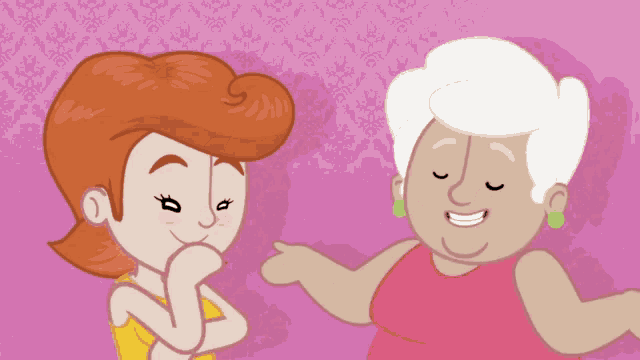 a cartoon of a woman talking to an older woman on a pink background