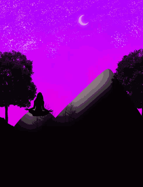 a woman sits in a lotus position on a hill under a purple sky