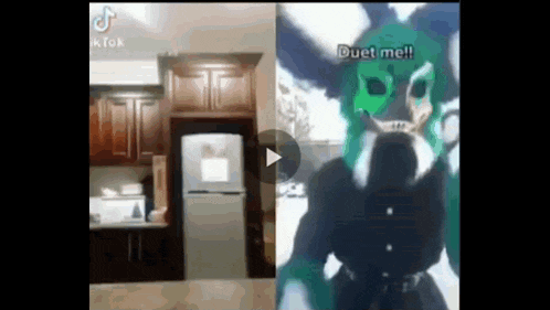 a man in a green mask is standing in front of a refrigerator in a kitchen and a doorway .
