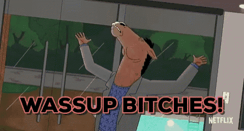 a cartoon of a man with a horse 's head says wassup bitches