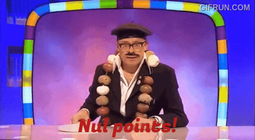 a man sitting at a table with the words nul points written on the table