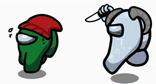 a green among us character with a red hat and a white among us character with a knife on its back