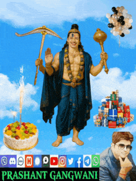 a poster for prashant gangwani shows a man holding a shovel and a cake