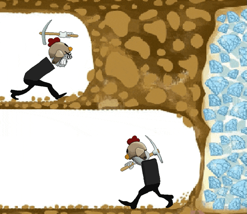 a cartoon drawing of a man and a chicken digging in the dirt