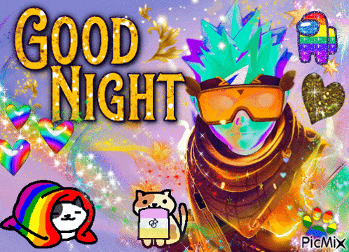 a good night greeting card with among us and a rainbow cat