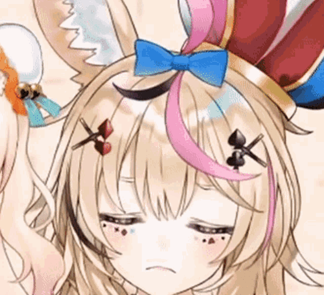 a close up of a anime girl wearing a hat with a bow on it .
