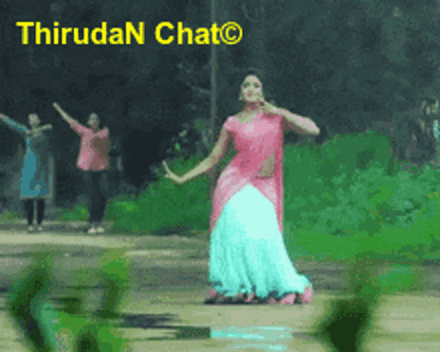 a woman in a pink top and blue skirt is dancing in the rain with a caption that says thirudan chat