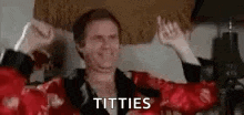 a man in a red robe is dancing with his arms in the air and the words titties are visible .
