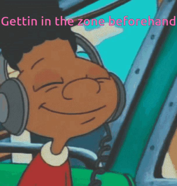 a cartoon character wearing headphones with the words gettin in the zone beforehand below him