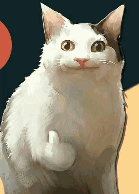 a painting of a white cat with brown ears giving the middle finger
