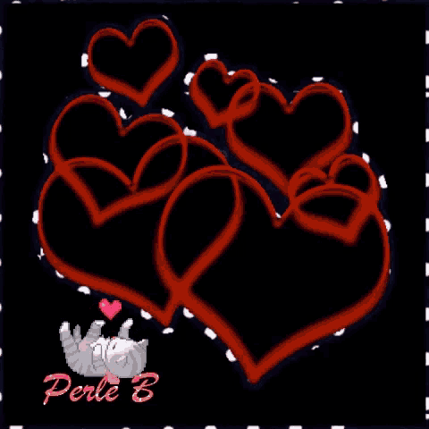 a bunch of red hearts on a black background with a cat in the middle