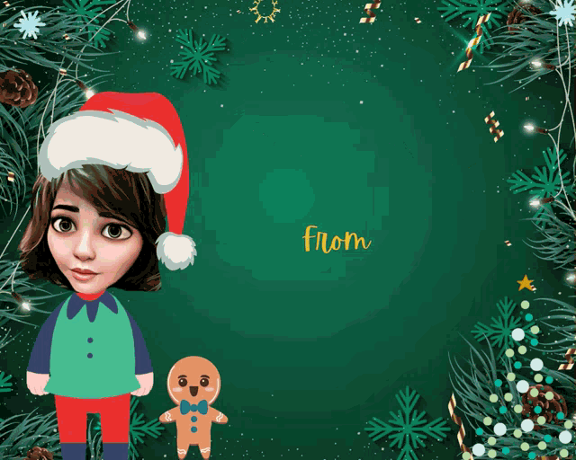a girl wearing a santa hat is standing next to a gingerbread man with the words from below her