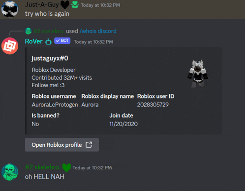 a screenshot of a discord conversation between just a guy and justaguyx # 0