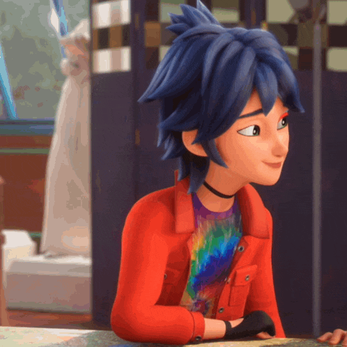 a cartoon character with blue hair wearing a red jacket