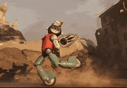 a robot with a bandage on his head is holding a shield in a video game scene