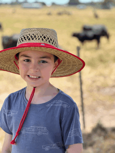 a young boy wearing a straw hat and a blue car shirt