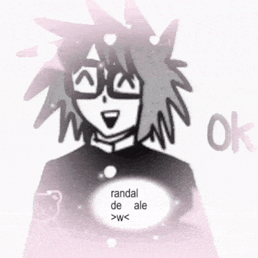 a black and white drawing of a boy with glasses and the words randal de ale above him