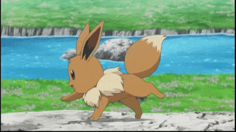 eevee is walking in front of a river