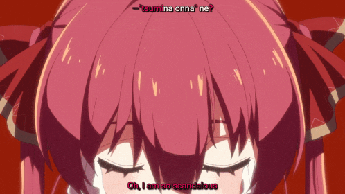 a girl with red hair is crying with the words oh i am so scandalous below her