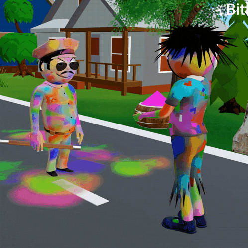 a cartoon of a man covered in paint standing next to another man holding a bucket of pink powder