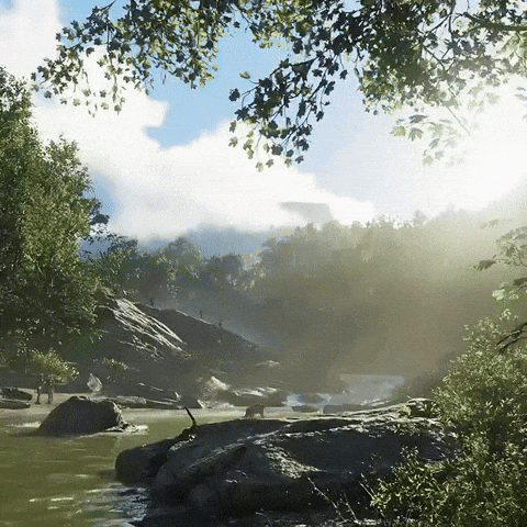 a river surrounded by trees and rocks with the sun shining through