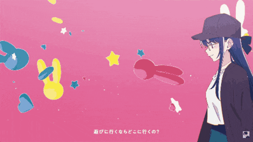a girl in a baseball cap is standing in front of a pink background with japanese writing