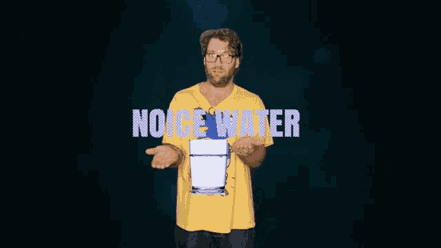 a man wearing a yellow shirt with a glass of water on it stands in front of the words noise water