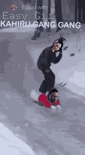a cartoon of a man riding another man in the snow with the words easy gle kahiru gang gang