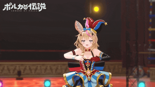 a girl in a jester hat is standing in front of a sign that says legend of polkka