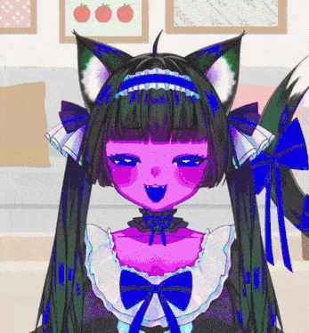 a cartoon girl with a cat ear and a blue bow