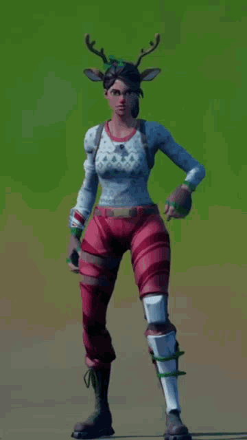 a woman in a reindeer costume is standing on a dirt road with the words `` use '' above her .