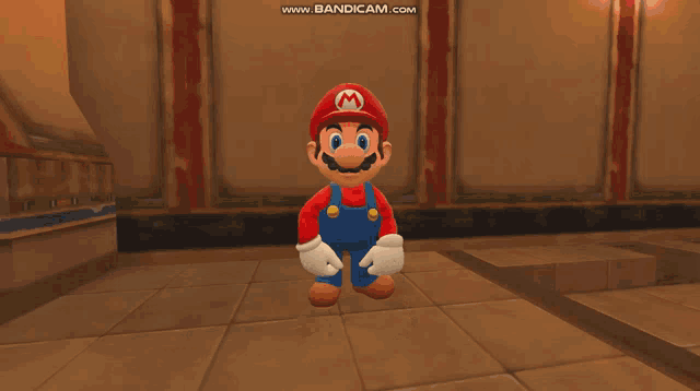 a video game character named mario is standing in a hallway