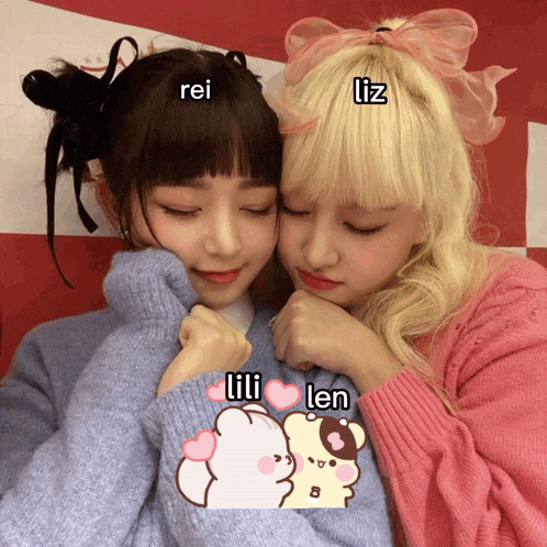 two girls hugging each other with the names rei and liz written on them