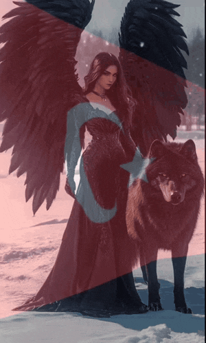 a woman with angel wings standing next to a wolf