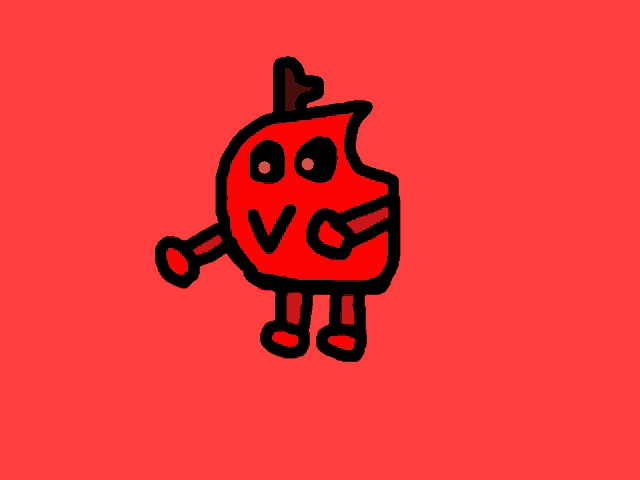 a cartoon drawing of a red apple with a green leaf on top of it