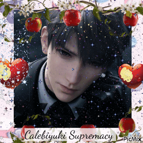 a picture of calebijuki supremacy is surrounded by apples and stars