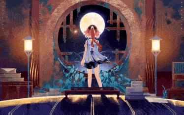 a girl with red hair is standing in front of a window with a full moon behind her