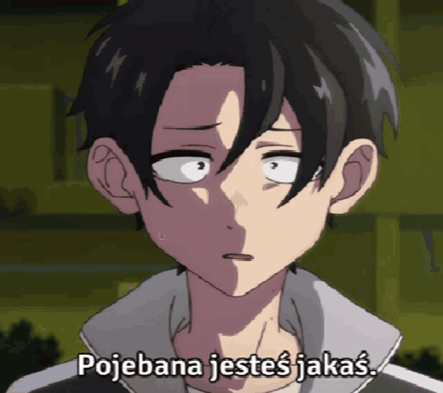 a cartoon character with the words " pojebana jestes jakas " on the bottom right