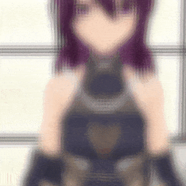 a blurry image of a girl with purple hair and black gloves
