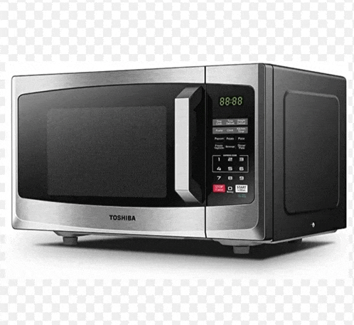 a stainless steel toshiba microwave shows the time as 88 88
