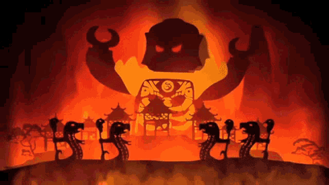 a group of cartoon characters are standing in front of a giant monster with the number 6 on it
