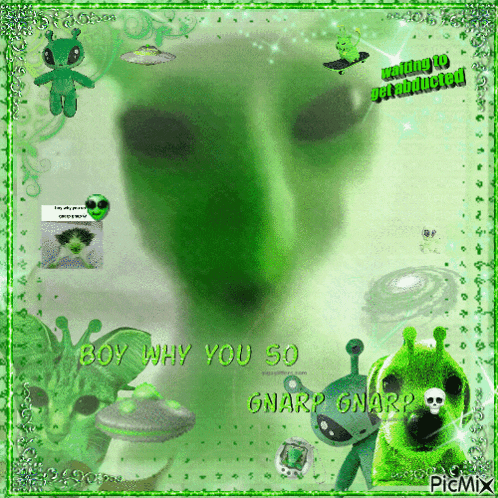 a picture of a green alien with the words boy why you so gnarp gnarp on it