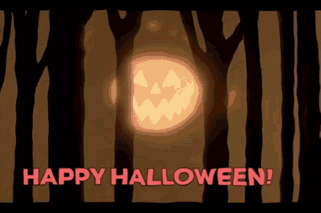a happy halloween greeting card with a pumpkin in the middle of the woods