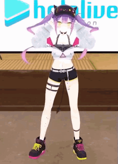 a girl with purple hair is standing in front of a logo that says hololive