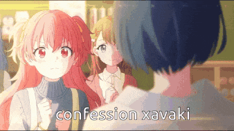 a girl with red hair is standing next to a boy with blue hair and the words confession xavaki