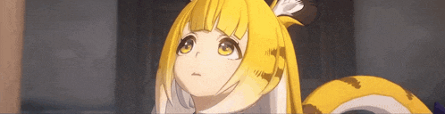 a girl with yellow hair and a tail is looking up at something .
