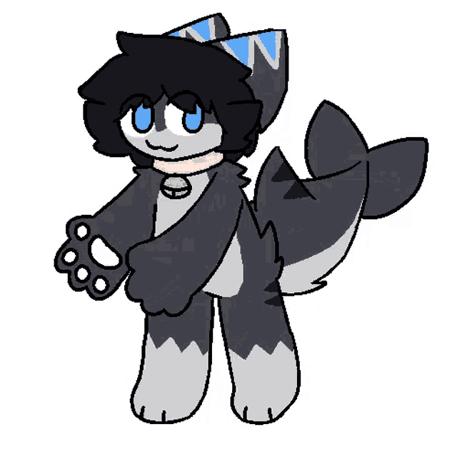 a black and gray furry animal with blue eyes and a shark tail is standing on a white background .