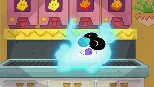 a cartoon character laying on a stove top with a crown on it